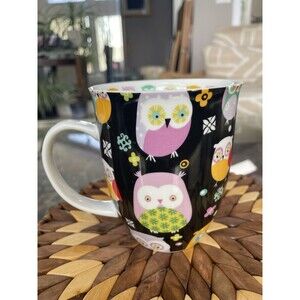 WHIMSICAL CERAMIC MUG BY CREATIVE TOPS LTD COLORFUL FOLK-ART OWL ON BLACK